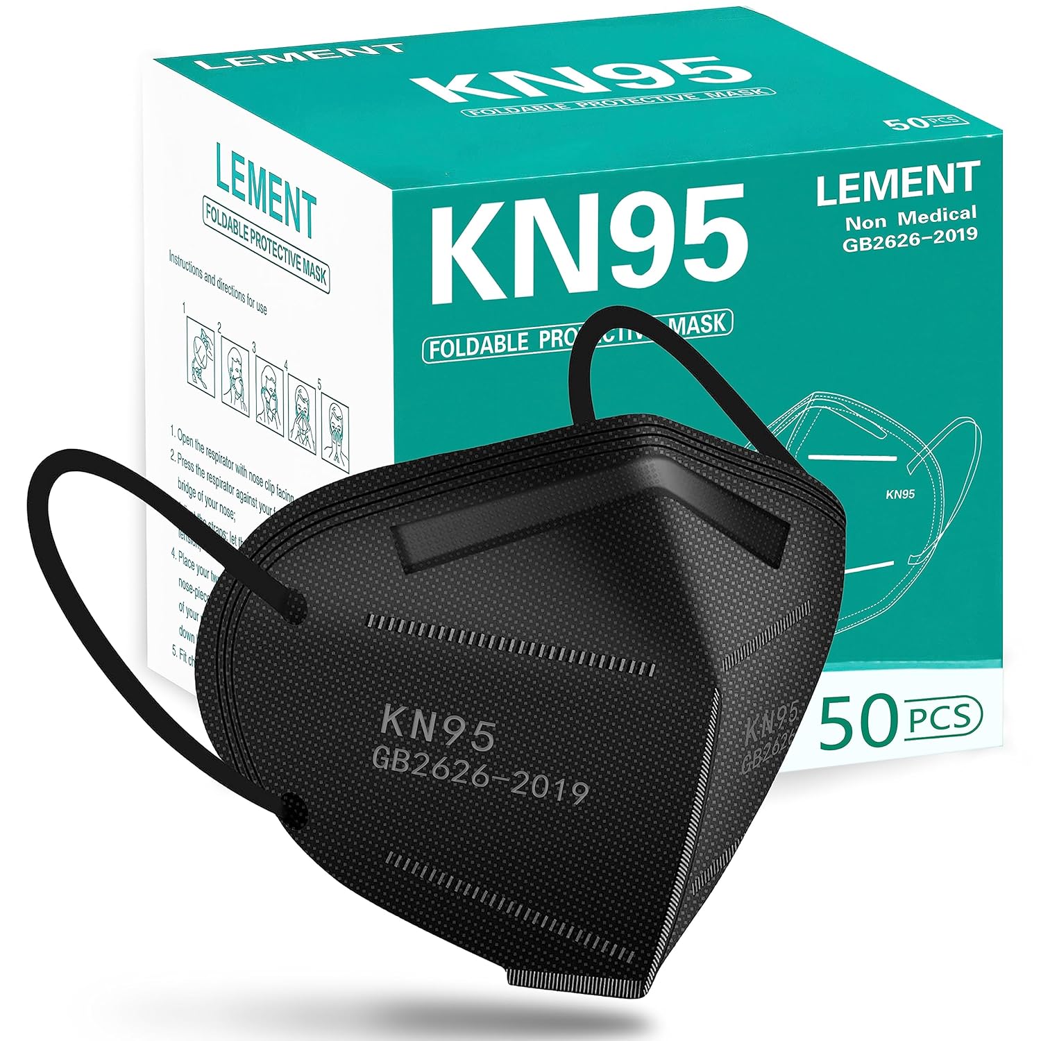 LEMENT 50pcs KN95 Face Mask Black 5-Layer Filter≥95% Cup Dust